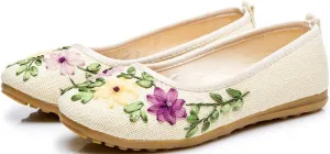 SATUKI Handmade Embroidered Shoes for Women, Slip-On Casual Loafer Flat Floral Slippers