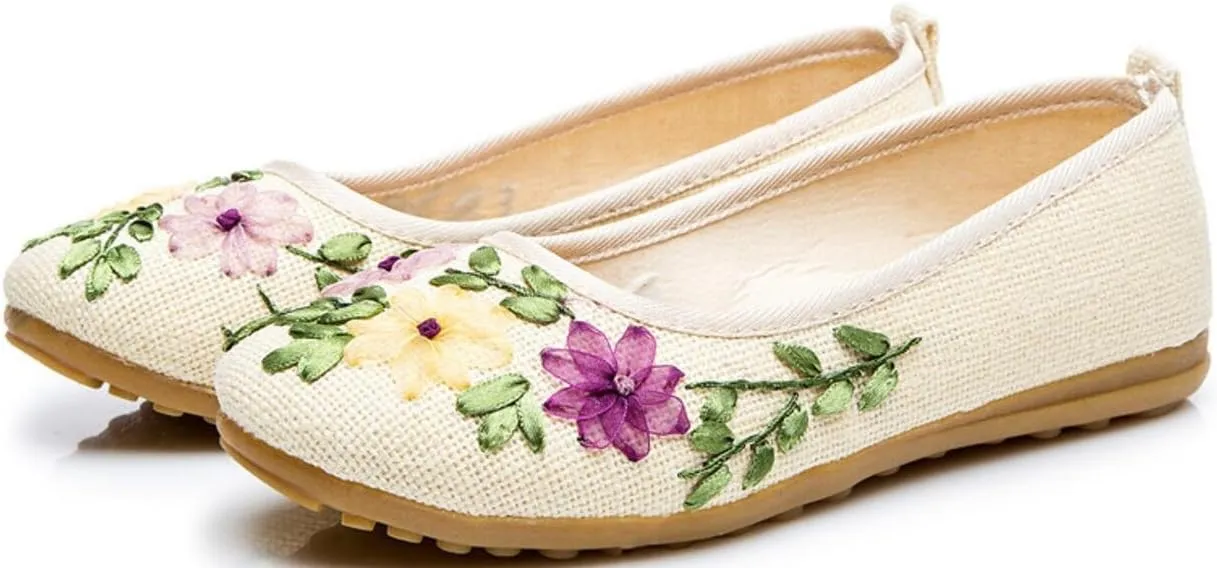 SATUKI Handmade Embroidered Shoes for Women, Slip-On Casual Loafer Flat Floral Slippers