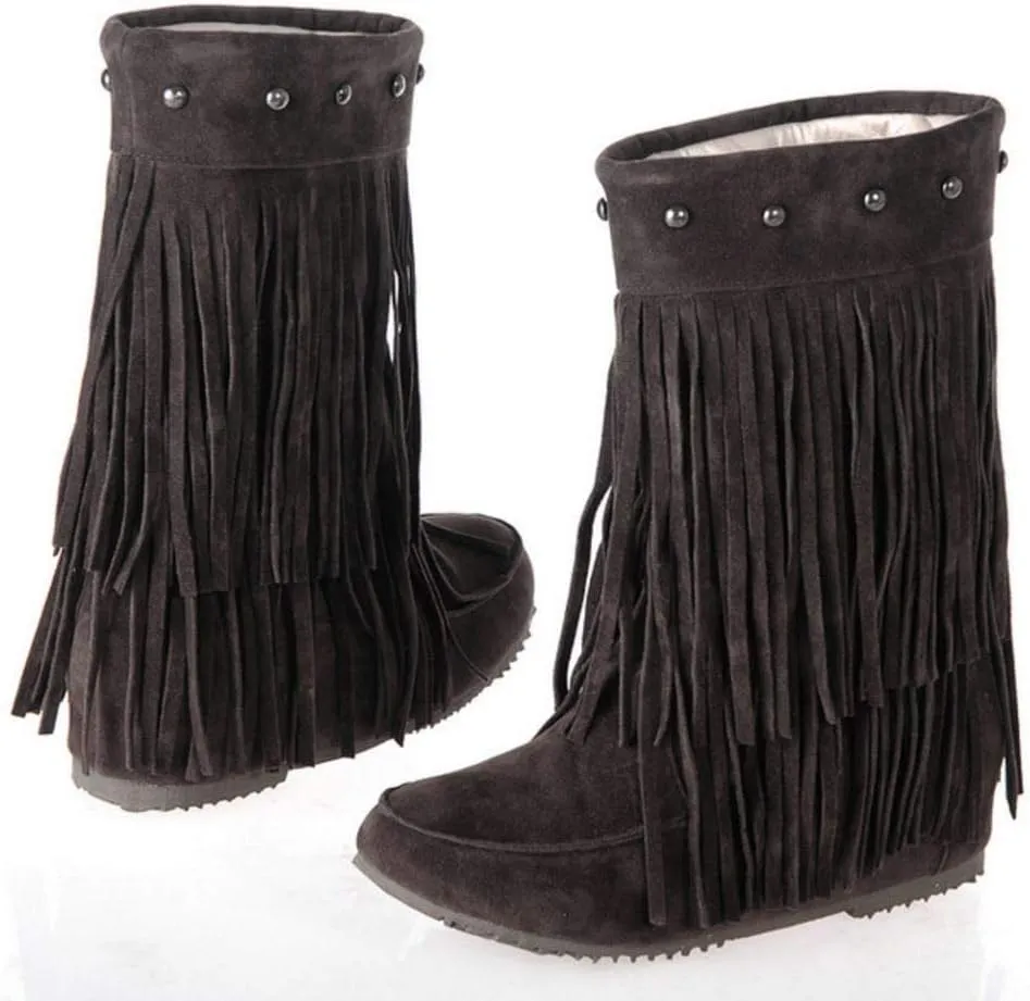 Scaoruki Classic Fringe Mid Women Boots Pull On Flat Winter Shoes