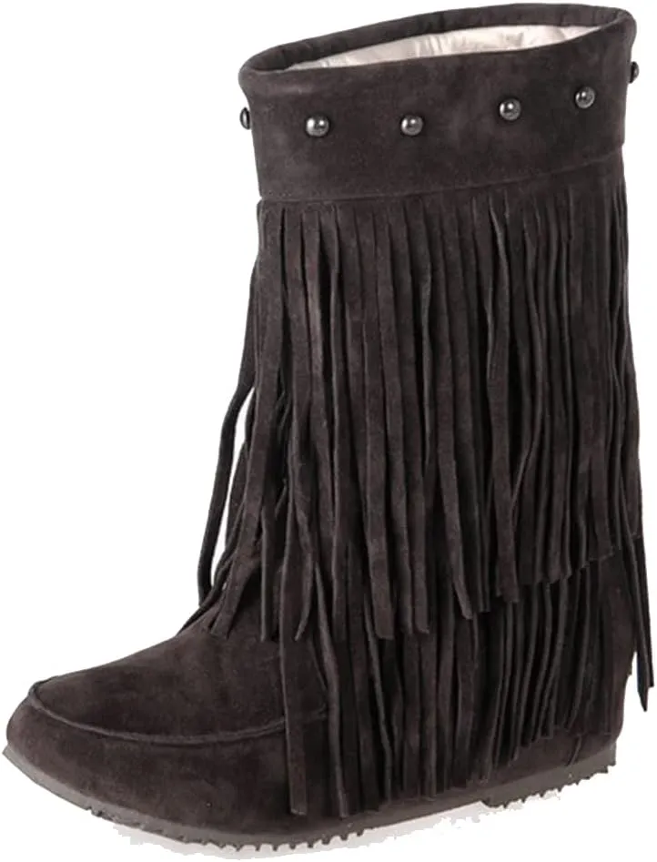 Scaoruki Classic Fringe Mid Women Boots Pull On Flat Winter Shoes
