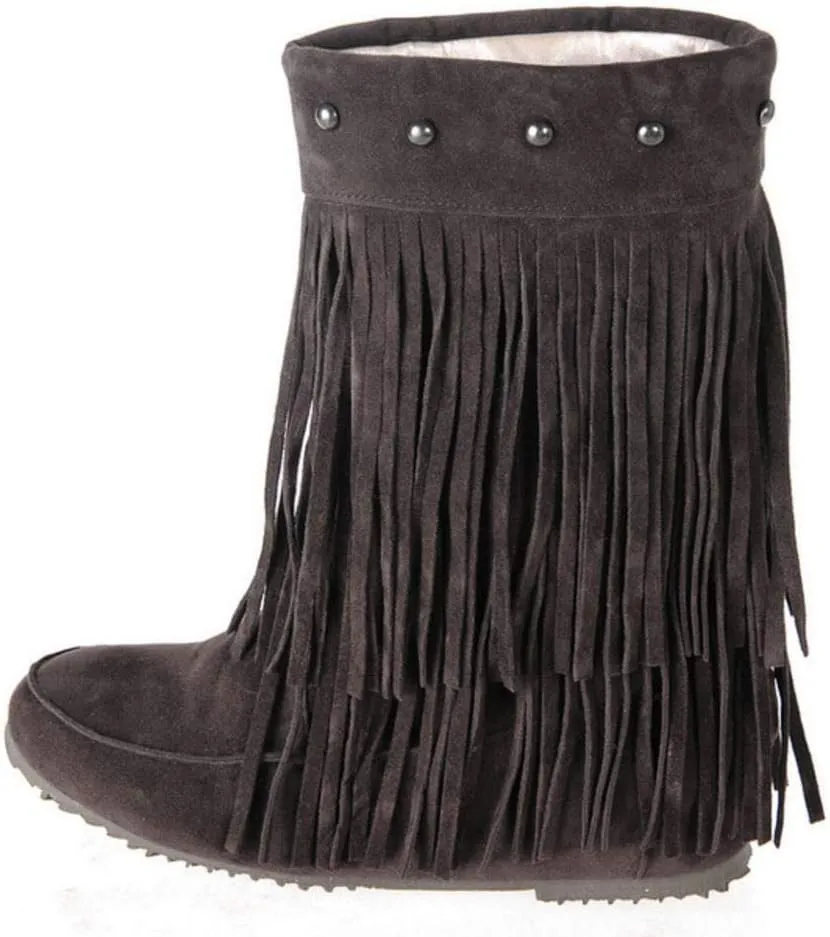 Scaoruki Classic Fringe Mid Women Boots Pull On Flat Winter Shoes