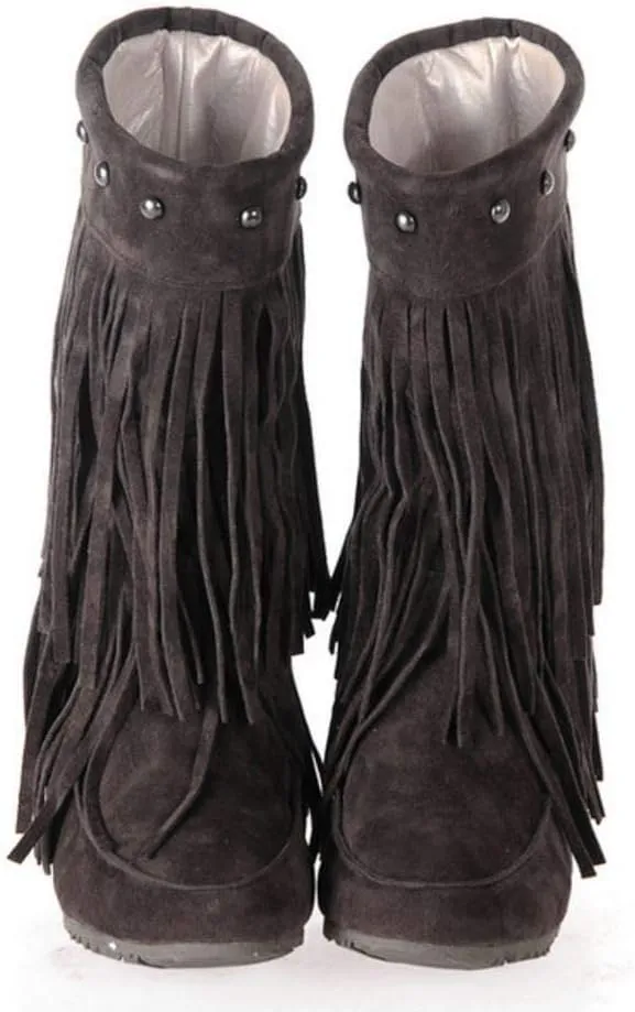 Scaoruki Classic Fringe Mid Women Boots Pull On Flat Winter Shoes