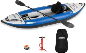 Sea Eagle 300X Explorer Touring, Camping, Fishing Whitewater Inflatable Kayak, Solo, Self-Bailing, Drop Stitch Floor-Paddle, Seat, Pump, Skeg, Bag