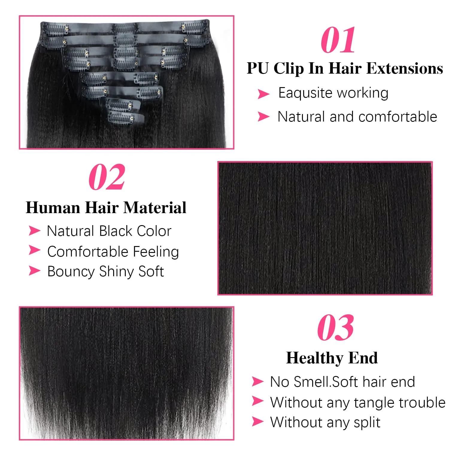 Seamless PU Yaki Straight Clip in Hair Extensions Real Human Hair For Women Invisible Yaki Straight Clip ins (14inch,#1B)