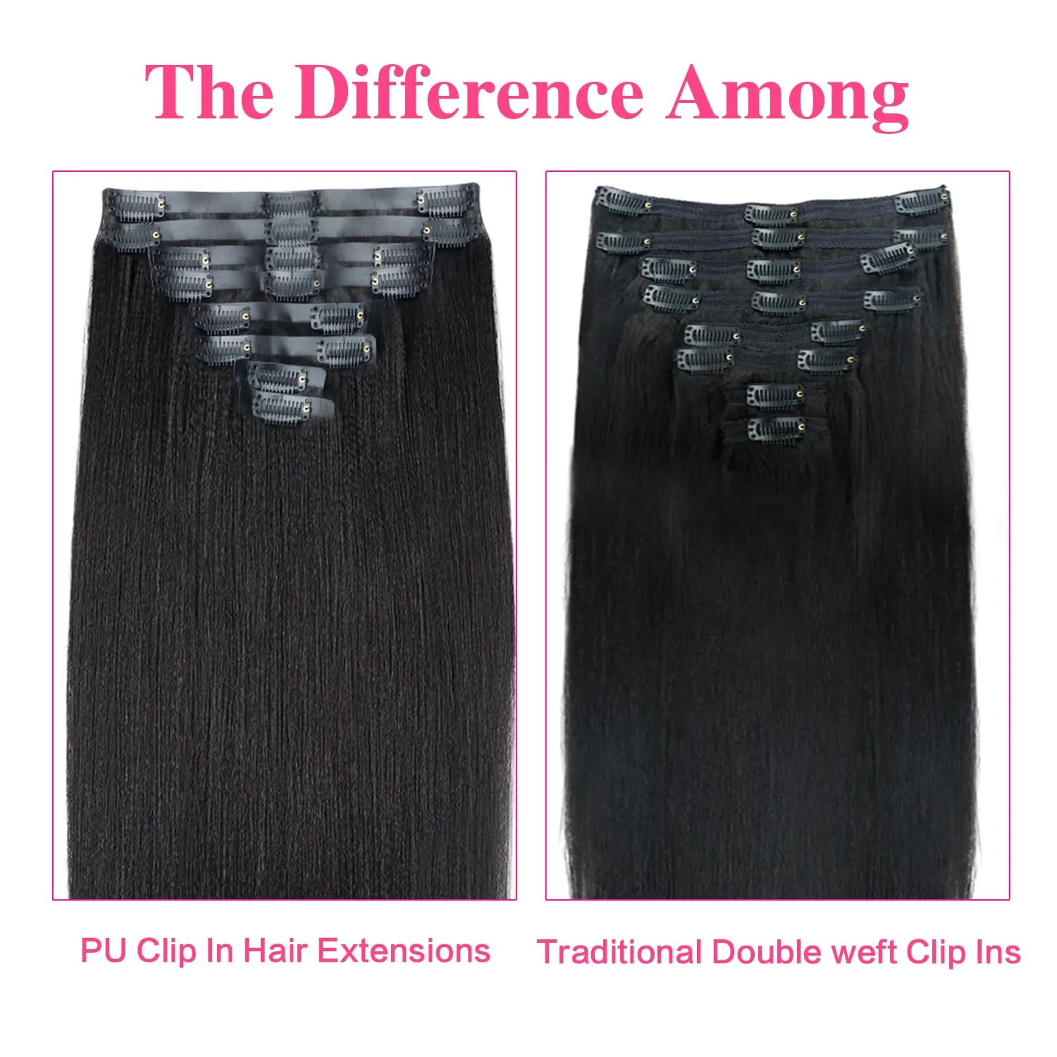 Seamless PU Yaki Straight Clip in Hair Extensions Real Human Hair For Women Invisible Yaki Straight Clip ins (14inch,#1B)