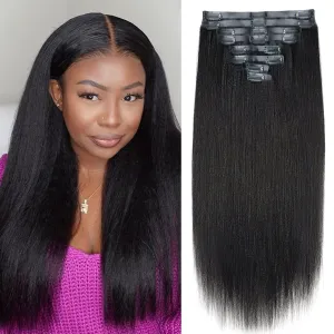 Seamless PU Yaki Straight Clip in Hair Extensions Real Human Hair For Women Invisible Yaki Straight Clip ins (14inch,#1B)
