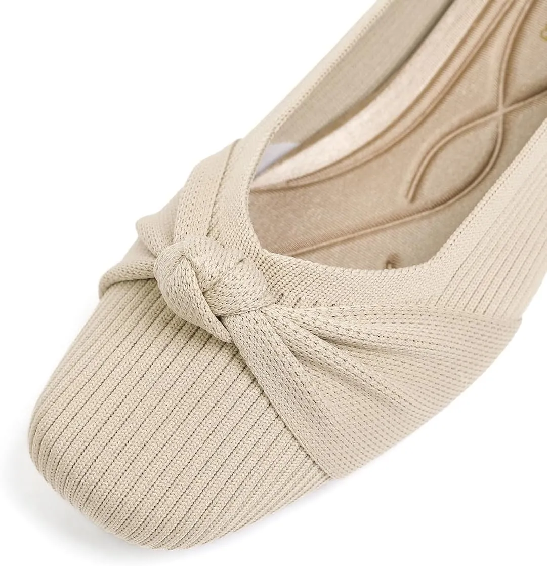 SemwissWomen Ballet Flats Square Toe Comfortable Dressy Slip on mesh Knitted Flat with Bow Office Shoes.
