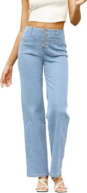 Sidefeel Women's Wide Leg High Waisted Stretchy Tummy Control Zimbaplatinum Jeans