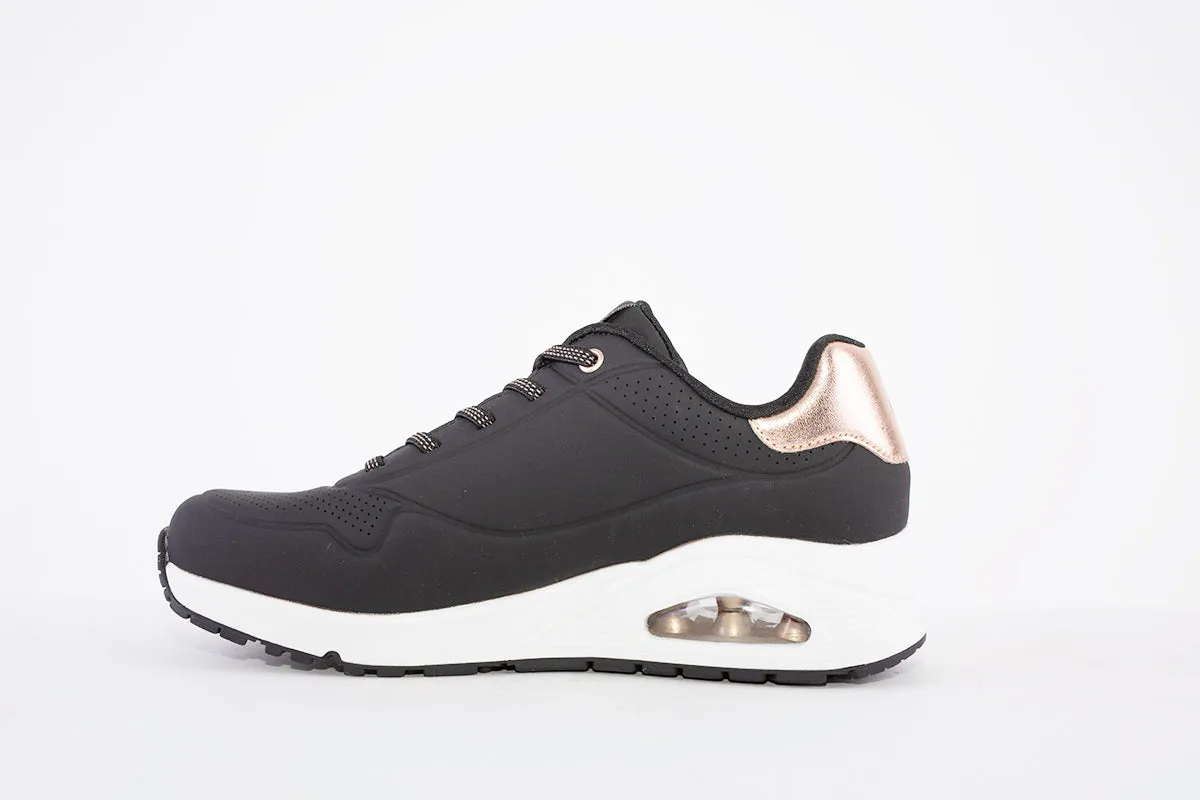 SKECHERS - 155196 UNO-SHIMMER AWAY- LACED TRAINER - BLACK/ROSEGOLD