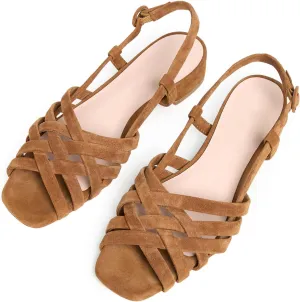 Slingback Flats Sandals for Women with Adjustable Brown Suede Mary Jane Ballet Flat Comfortable Cross Strap Block Low Heel Open Toe Sandals