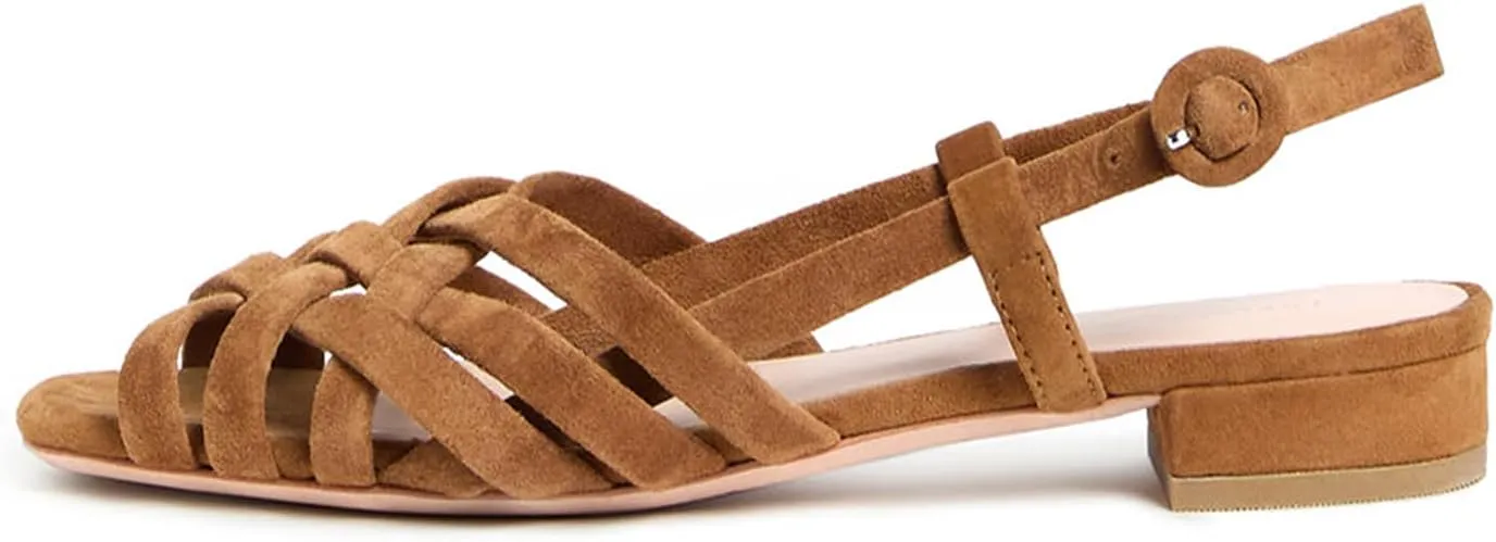 Slingback Flats Sandals for Women with Adjustable Brown Suede Mary Jane Ballet Flat Comfortable Cross Strap Block Low Heel Open Toe Sandals