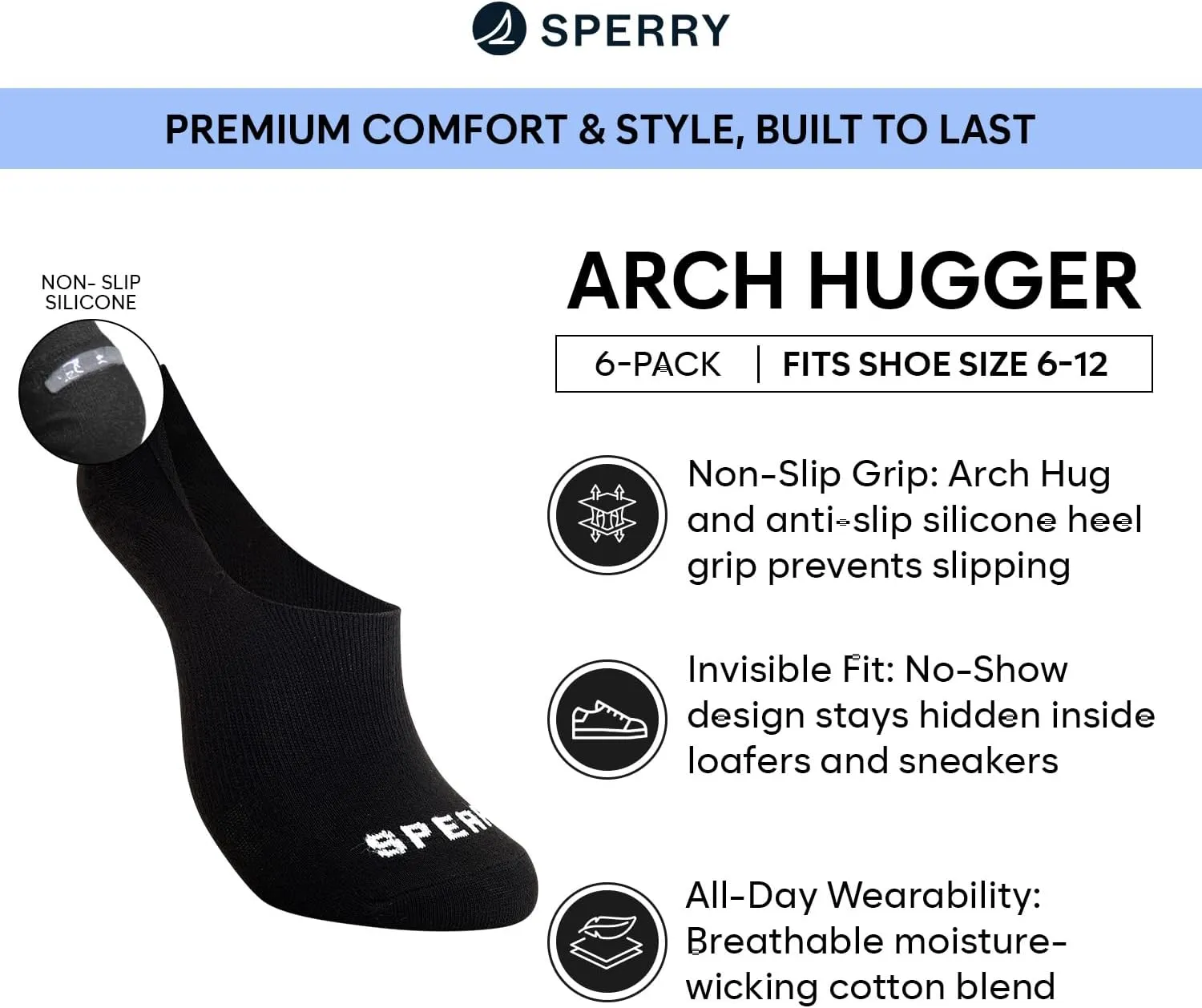 Sperry Men's 6-Pack Arch Hugger No Show Socks, Non-Slip Loafer Socks for Boat Shoes, Low Cut Invisible Liners with Heel Grip