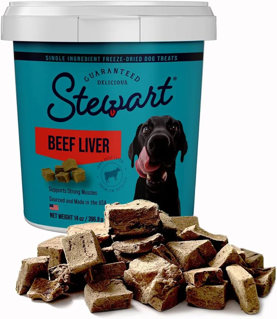 Stewart Freeze Dried Dog Treats, Beef Liver, Healthy, Natural, Single Ingredient, Grain Free Dog Treat, Liver Treats for Dogs, 14 Ounces, Resealable Tub