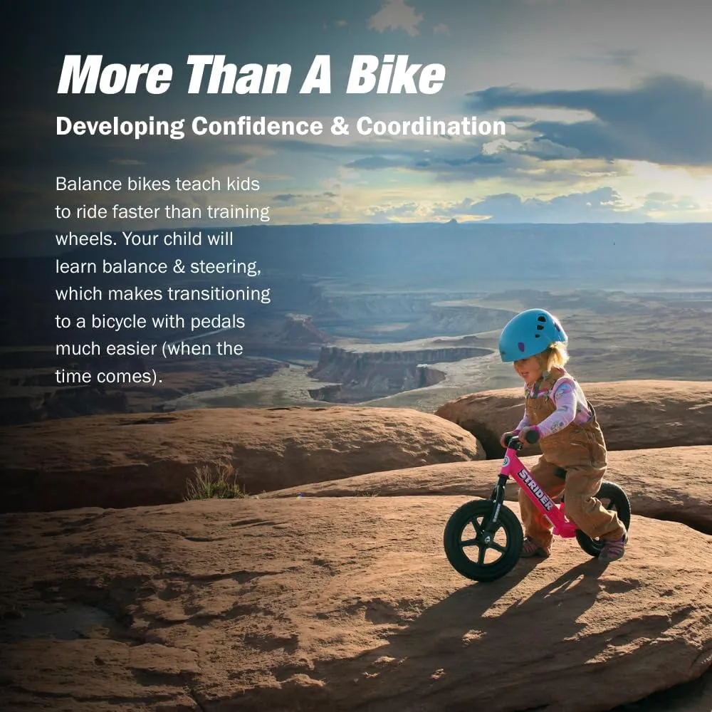 Strider 12” Classic Bike - No Pedal Balance Bicycle for Kids 1 to 3 Years - Includes Built-In Footrest, Handlebar Grips & Flat-Free Tires