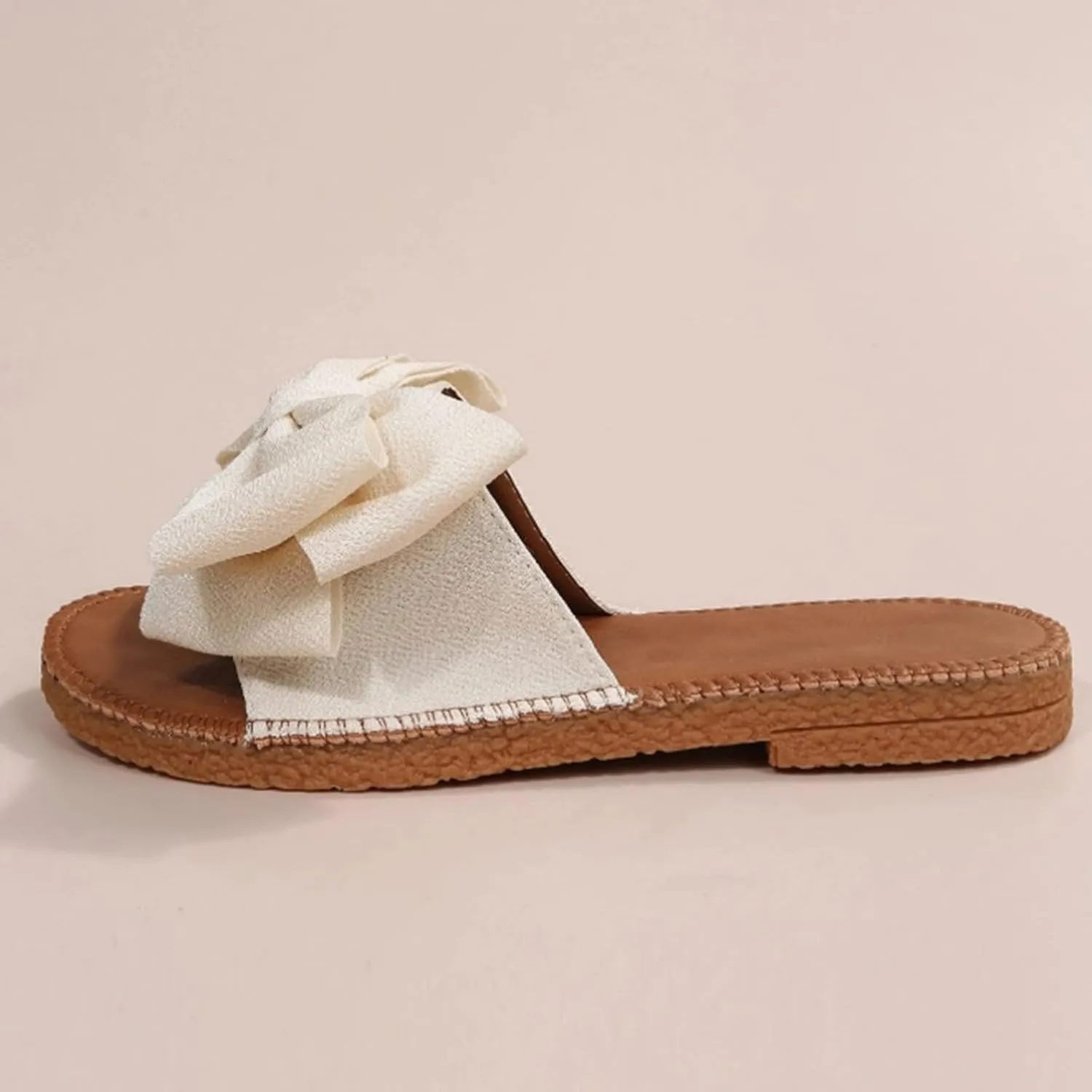 SuanlaTDS Womens Flat Sandals Dressy Summer 2025 Bow Open Toe Casual Comfortable Slip-on Slides Beach Slippers Low Heel Outdoor Slide Walking Shoes Flip Flops Party Bohemian Sandal