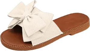SuanlaTDS Womens Flat Sandals Dressy Summer 2025 Bow Open Toe Casual Comfortable Slip-on Slides Beach Slippers Low Heel Outdoor Slide Walking Shoes Flip Flops Party Bohemian Sandal
