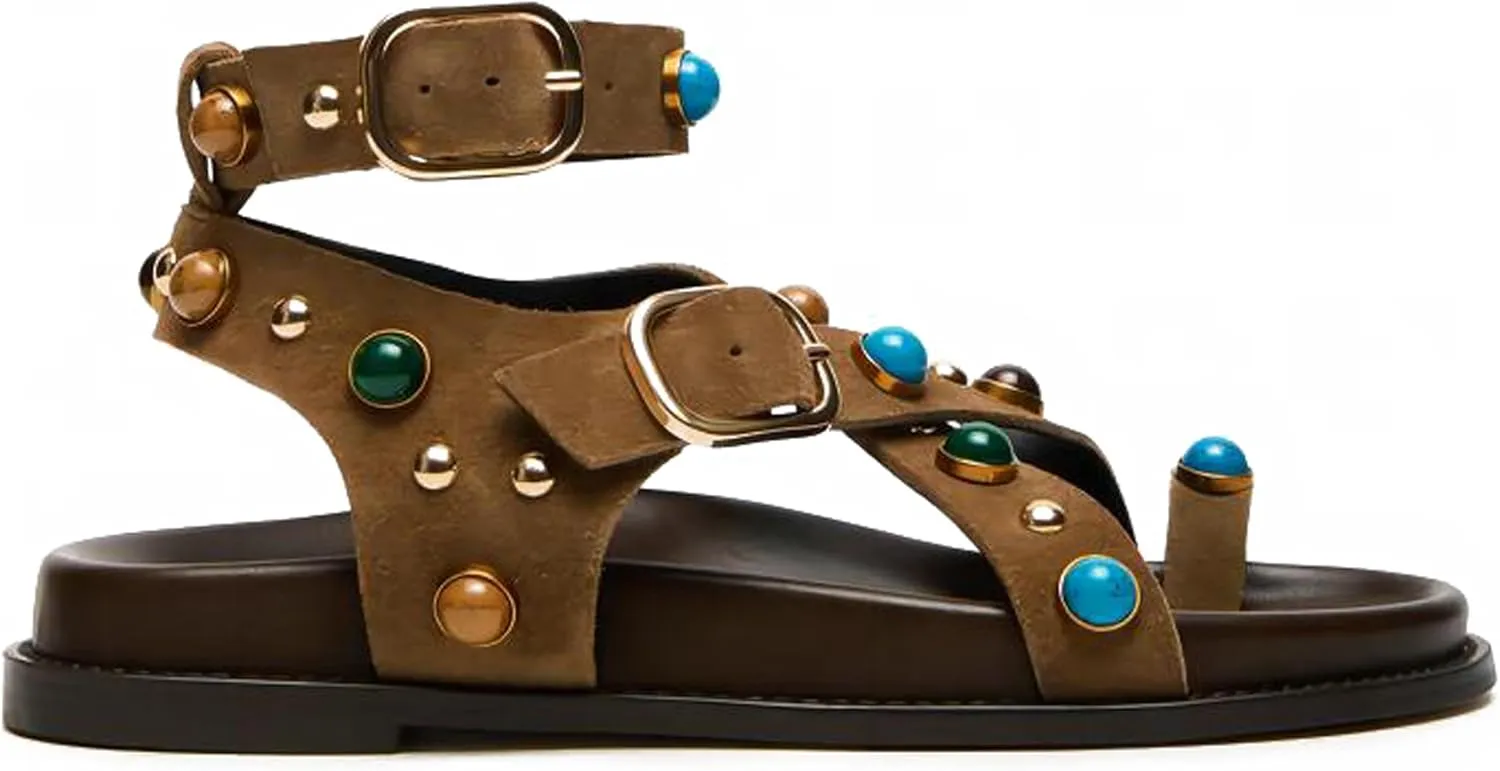 Summer Flat Sandals for Women Beaded Studded Strappy Boho Sandals Casual Beach Shoes Comfy Walking Party Dress Flip Flops Shoes