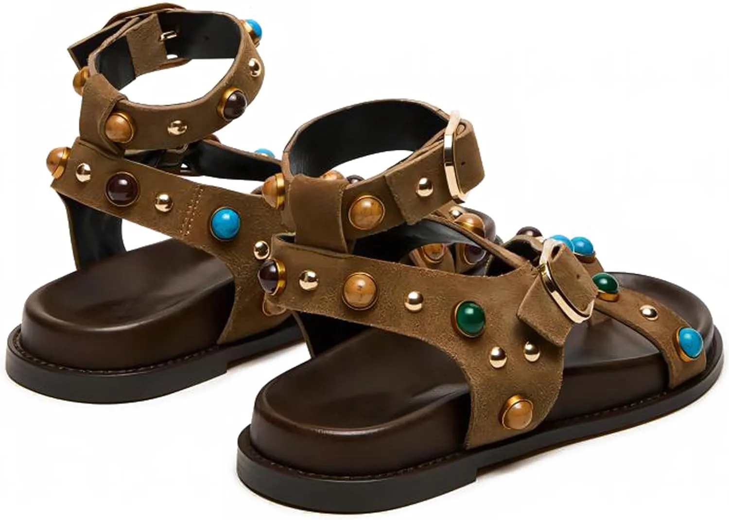 Summer Flat Sandals for Women Beaded Studded Strappy Boho Sandals Casual Beach Shoes Comfy Walking Party Dress Flip Flops Shoes