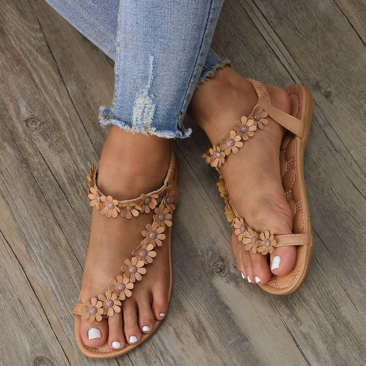 Toe Loop Cute Flat Sandals for Women Summer Boho Spring 2024 Beach Floral Trendy Toe Ring Comfortable Sling Sandals