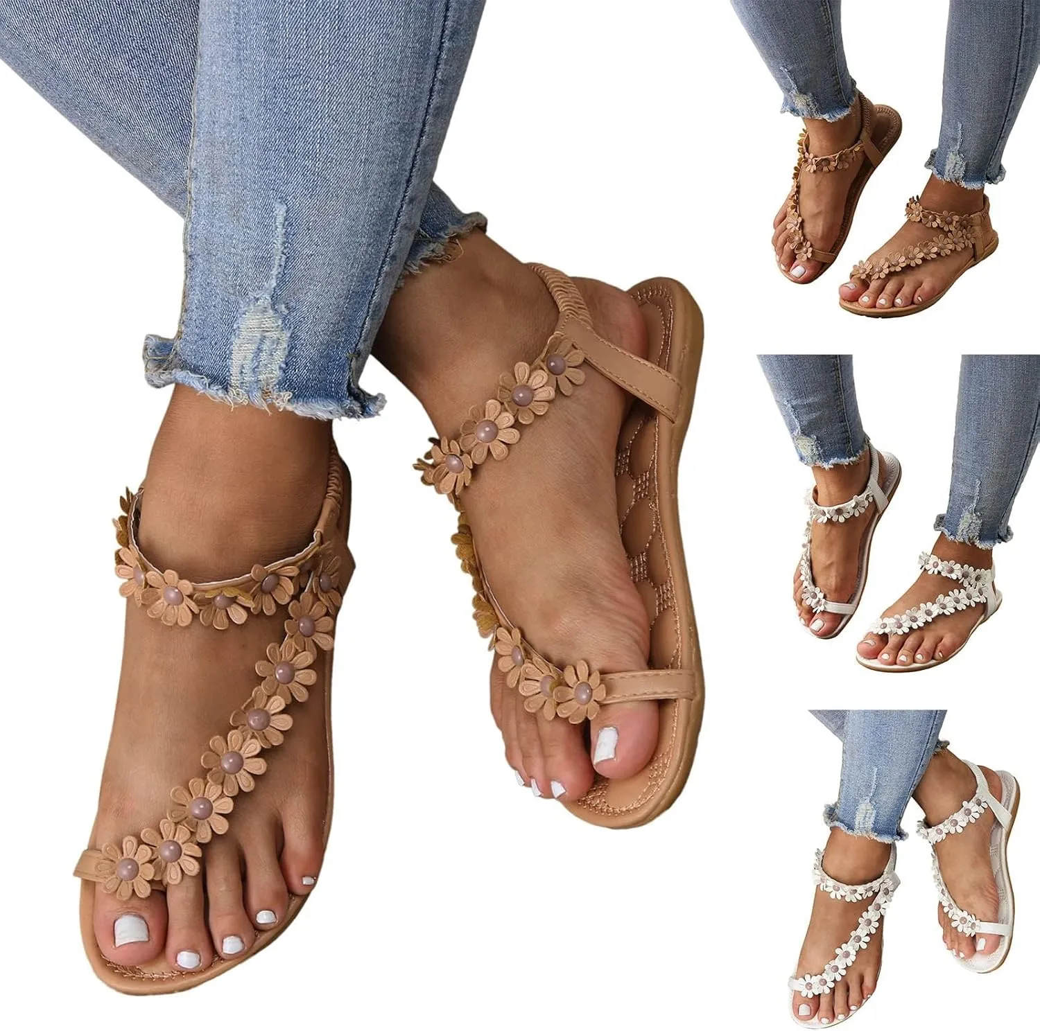 Toe Loop Cute Flat Sandals for Women Summer Boho Spring 2024 Beach Floral Trendy Toe Ring Comfortable Sling Sandals