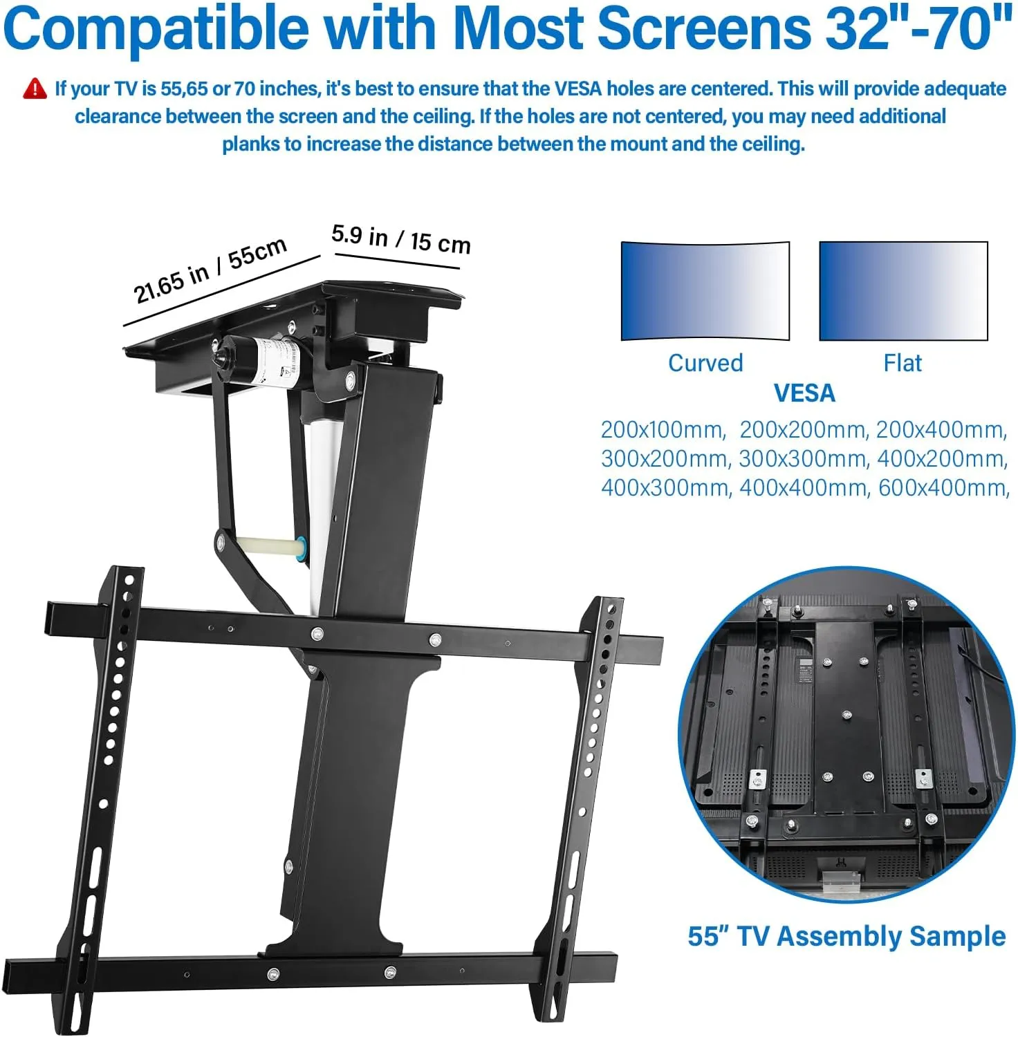 TOPSKY Electric Adjustable Ceiling TV Mount with Remote, Motorized Flip Down Fits for Flat and Pitched Roof and 32 to 70 Inch Flat and Curved Screen TVs (Black)