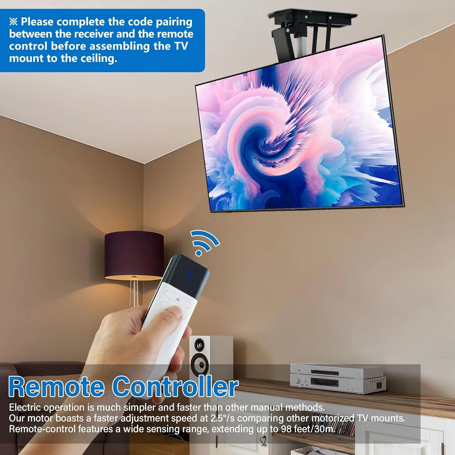 TOPSKY Electric Adjustable Ceiling TV Mount with Remote, Motorized Flip Down Fits for Flat and Pitched Roof and 32 to 70 Inch Flat and Curved Screen TVs (Black)