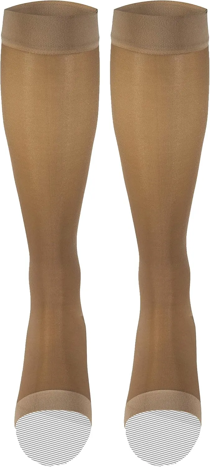 Truform Sheer Compression Stockings, 15-20 mmHg, Women's Knee High Length, Open Toe, 20 Denier, Beige, Medium