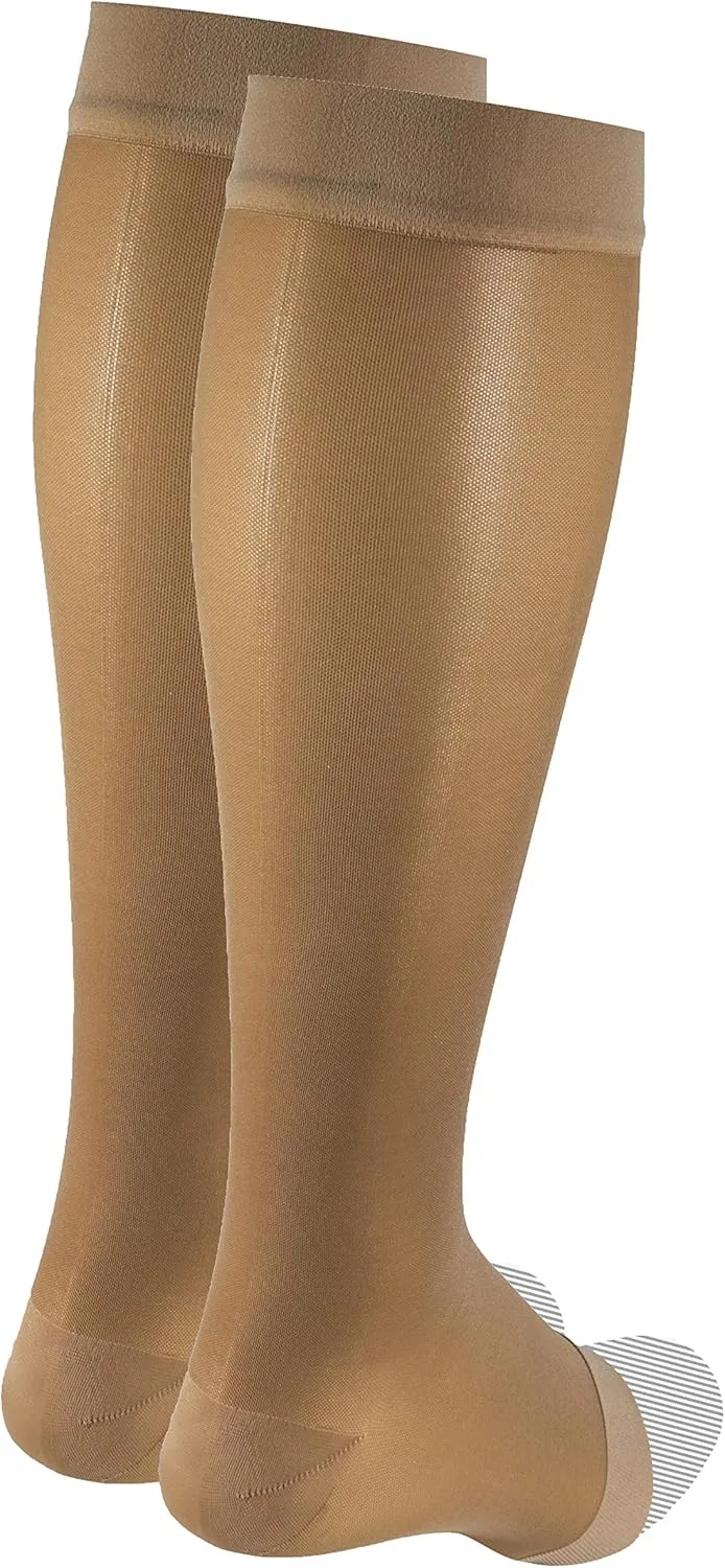 Truform Sheer Compression Stockings, 15-20 mmHg, Women's Knee High Length, Open Toe, 20 Denier, Beige, Medium