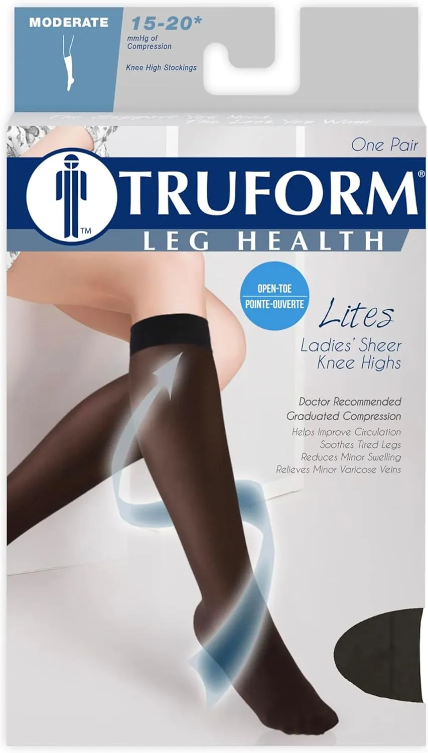 Truform Sheer Compression Stockings, 15-20 mmHg, Women's Knee High Length, Open Toe, 20 Denier, Blue, Medium