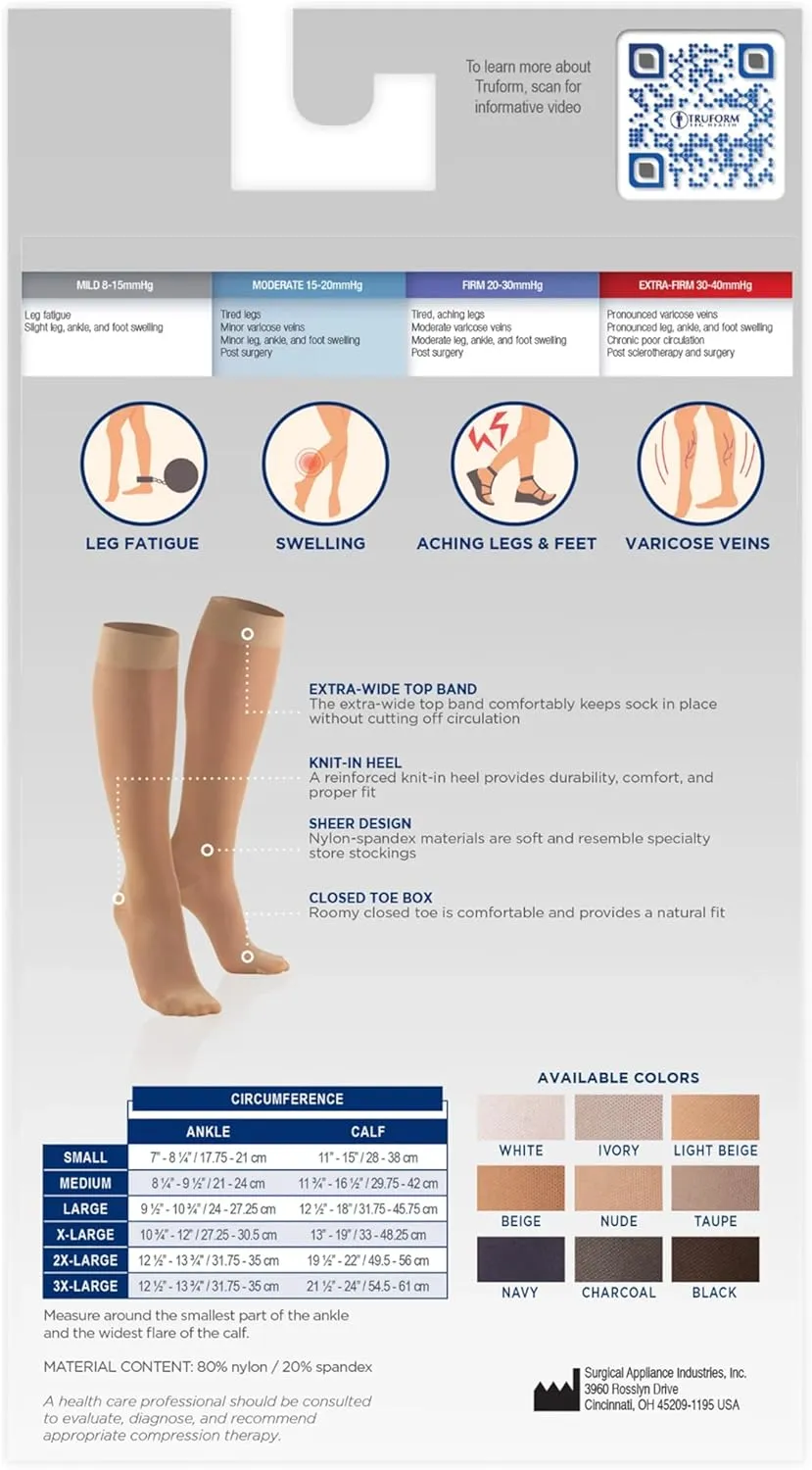 Truform Sheer Compression Stockings, 15-20 mmHg, Women's Knee High Length, Open Toe, 20 Denier, Blue, Medium