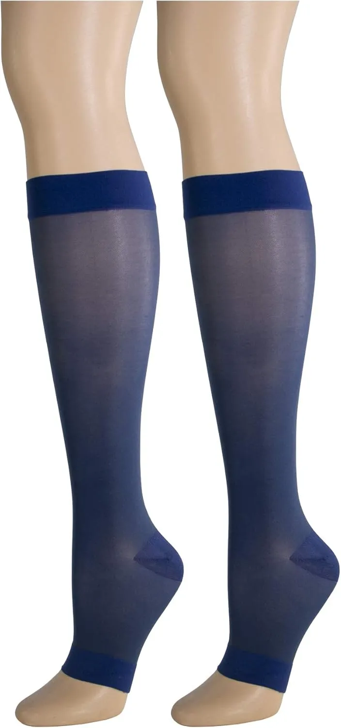 Truform Sheer Compression Stockings, 15-20 mmHg, Women's Knee High Length, Open Toe, 20 Denier, Blue, Medium