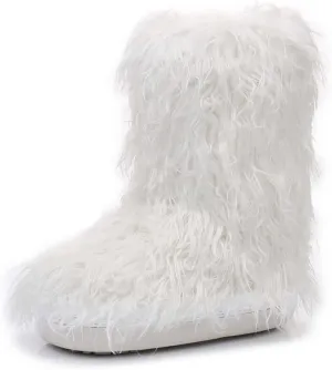 U-lite Women's Furry Fluffy Short Snow Boot Faux Fur Fuzz Moon Booties Mid-Calf Boots Warm Comfortable Outdoor Flat Shoes