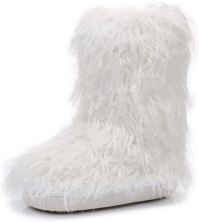 U-lite Women's Furry Fluffy Short Snow Boot Faux Fur Fuzz Moon Booties Mid-Calf Boots Warm Comfortable Outdoor Flat Shoes