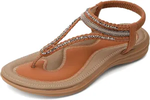 UBFEN Womens Bohemian Flat Sandals With Back Strap Summer Beach Comfortable Bling