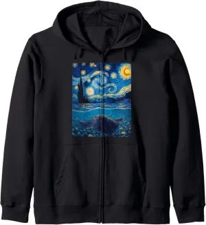 Van Gogh's Starry Night Stingray Flat Swimmer Animal Lovers Zip Hoodie