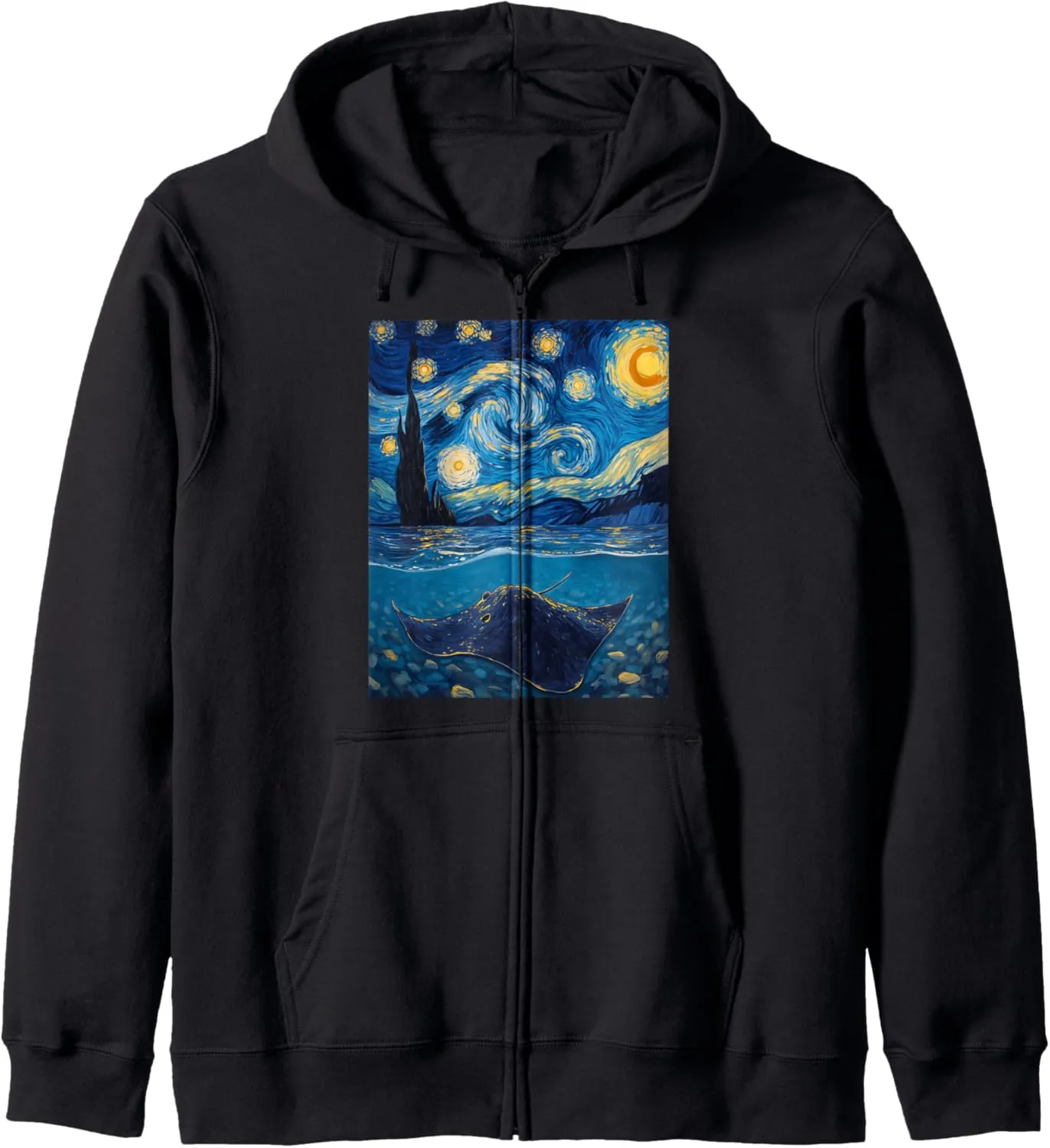 Van Gogh's Starry Night Stingray Flat Swimmer Animal Lovers Zip Hoodie
