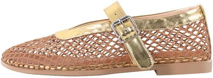 VERISSON Women's Classic Fishnet Round Toe Buckle Strappy Ballet Mary Jane Flats Pumps