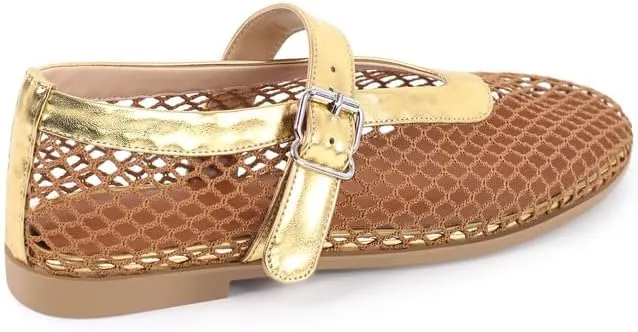 VERISSON Women's Classic Fishnet Round Toe Buckle Strappy Ballet Mary Jane Flats Pumps