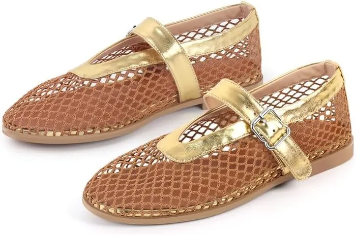 VERISSON Women's Classic Fishnet Round Toe Buckle Strappy Ballet Mary Jane Flats Pumps