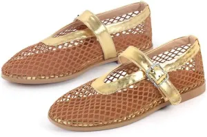 VERISSON Women's Classic Fishnet Round Toe Buckle Strappy Ballet Mary Jane Flats Pumps