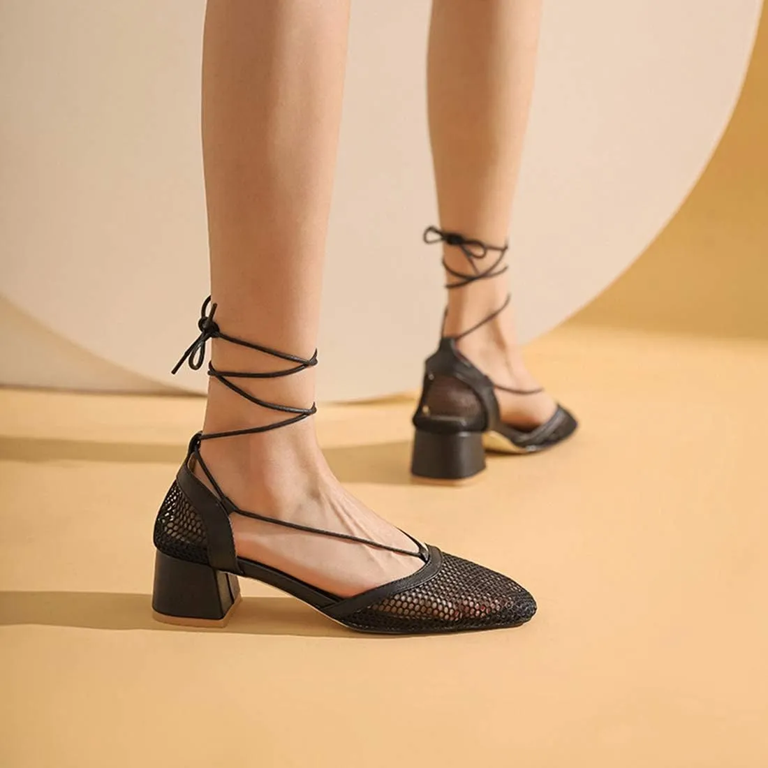 VOKLIN Women's Square Toe Dress Pumps Sandals Lace Up Mesh Chunky Block Low Heels Work Office Sandal Shoes