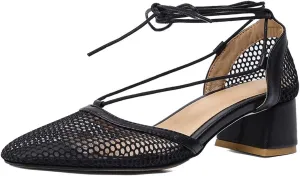 VOKLIN Women's Square Toe Dress Pumps Sandals Lace Up Mesh Chunky Block Low Heels Work Office Sandal Shoes
