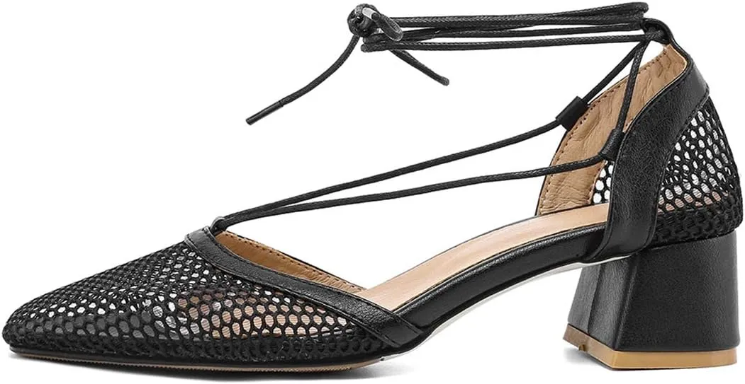 VOKLIN Women's Square Toe Dress Pumps Sandals Lace Up Mesh Chunky Block Low Heels Work Office Sandal Shoes
