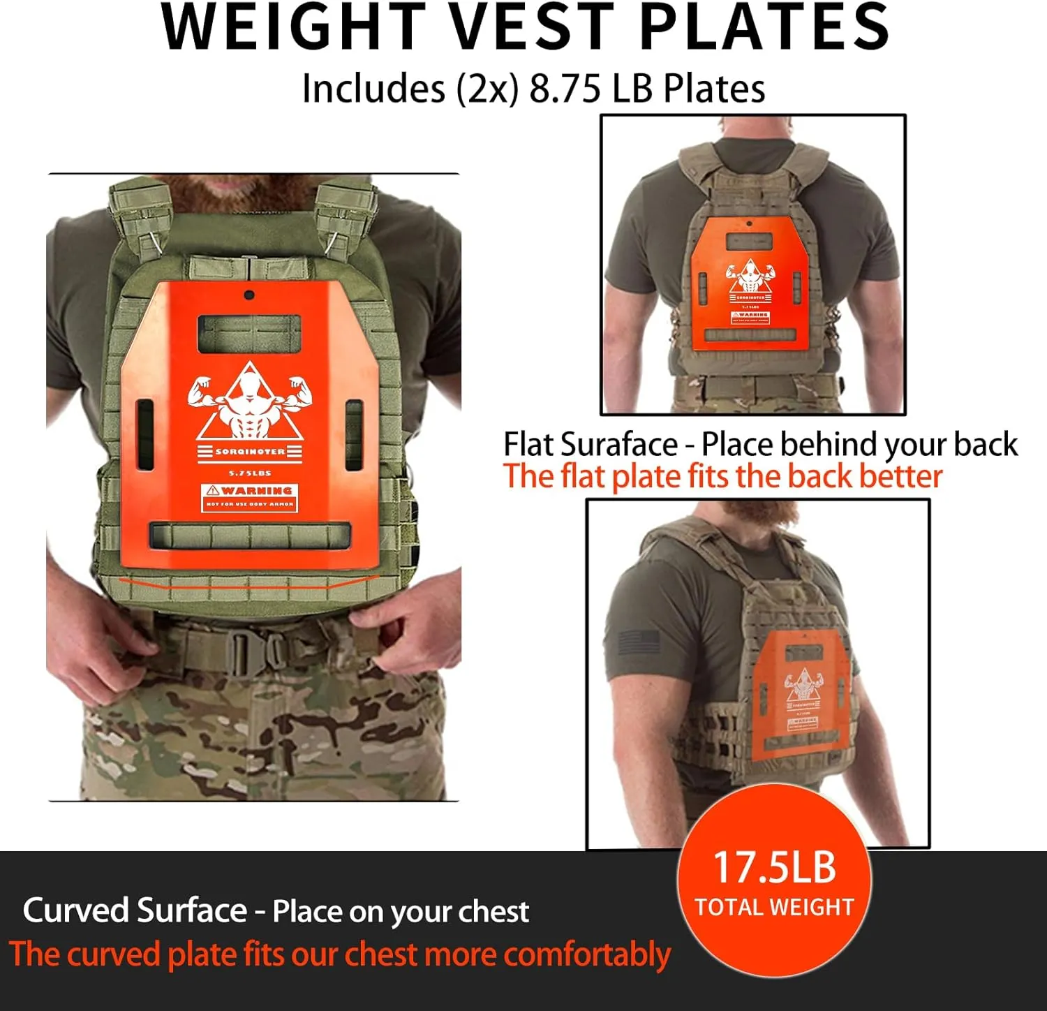 Weight Vest Plates - 8.75lb/5.75lb Pairs-Curved and Flat Weighted Vest Plates-for Strength Training, Heavy Workout, Fitness