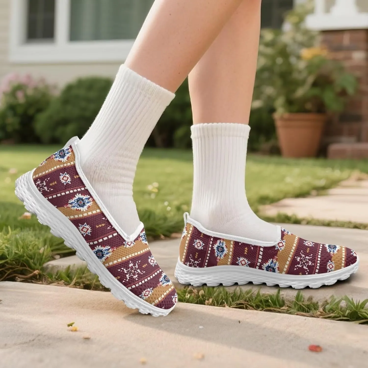Women' Slip on Flats Mesh Sock Sneakers Lightweight Round Toe Loafer Shoes Western Style Walking Tennis Shoes