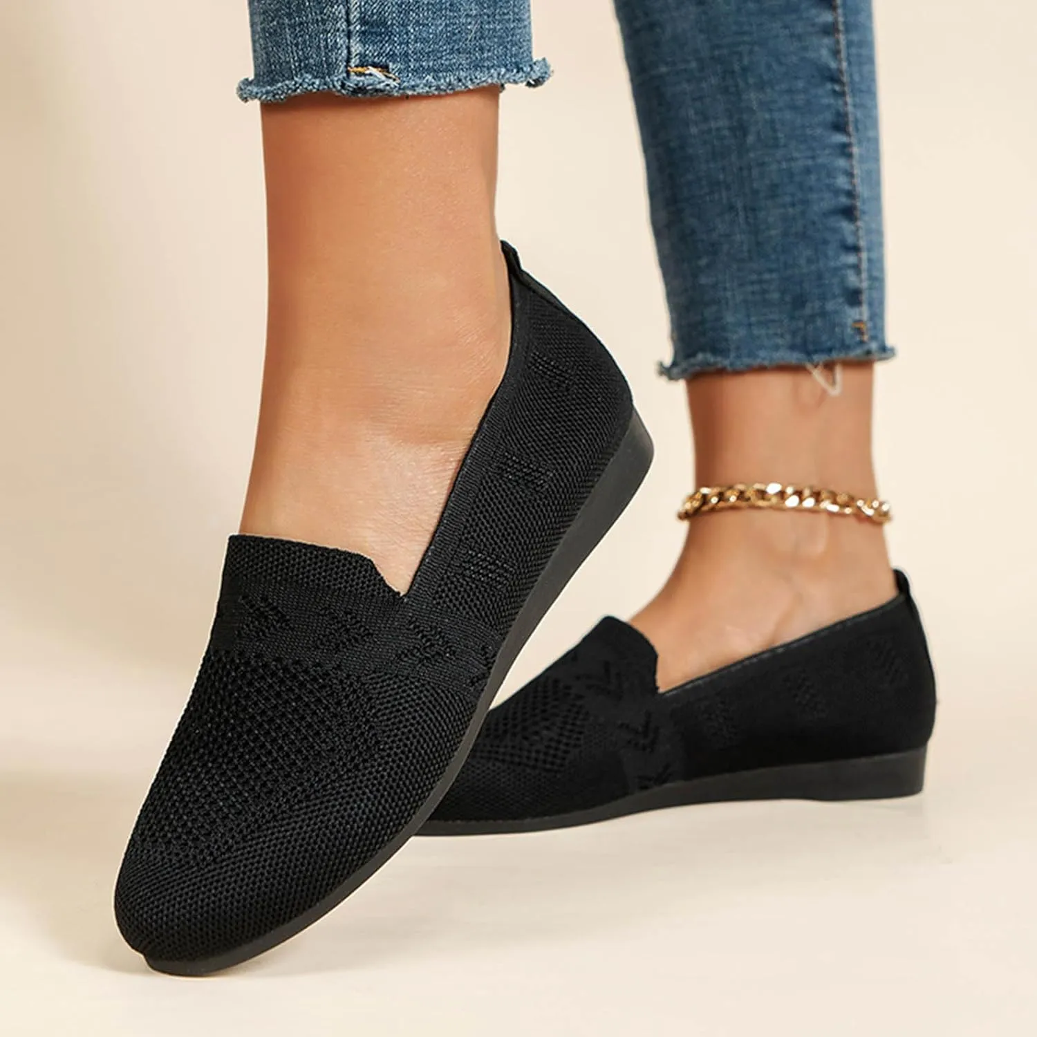 Women's Ballet Flats Soft Knit Lightweight Round Toe Slip On Comfort Ballerina Flat Shoes for Walking Low Wedge Soft