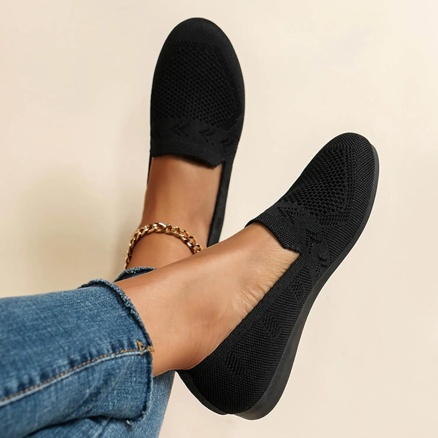 Women's Ballet Flats Soft Knit Lightweight Round Toe Slip On Comfort Ballerina Flat Shoes for Walking Low Wedge Soft