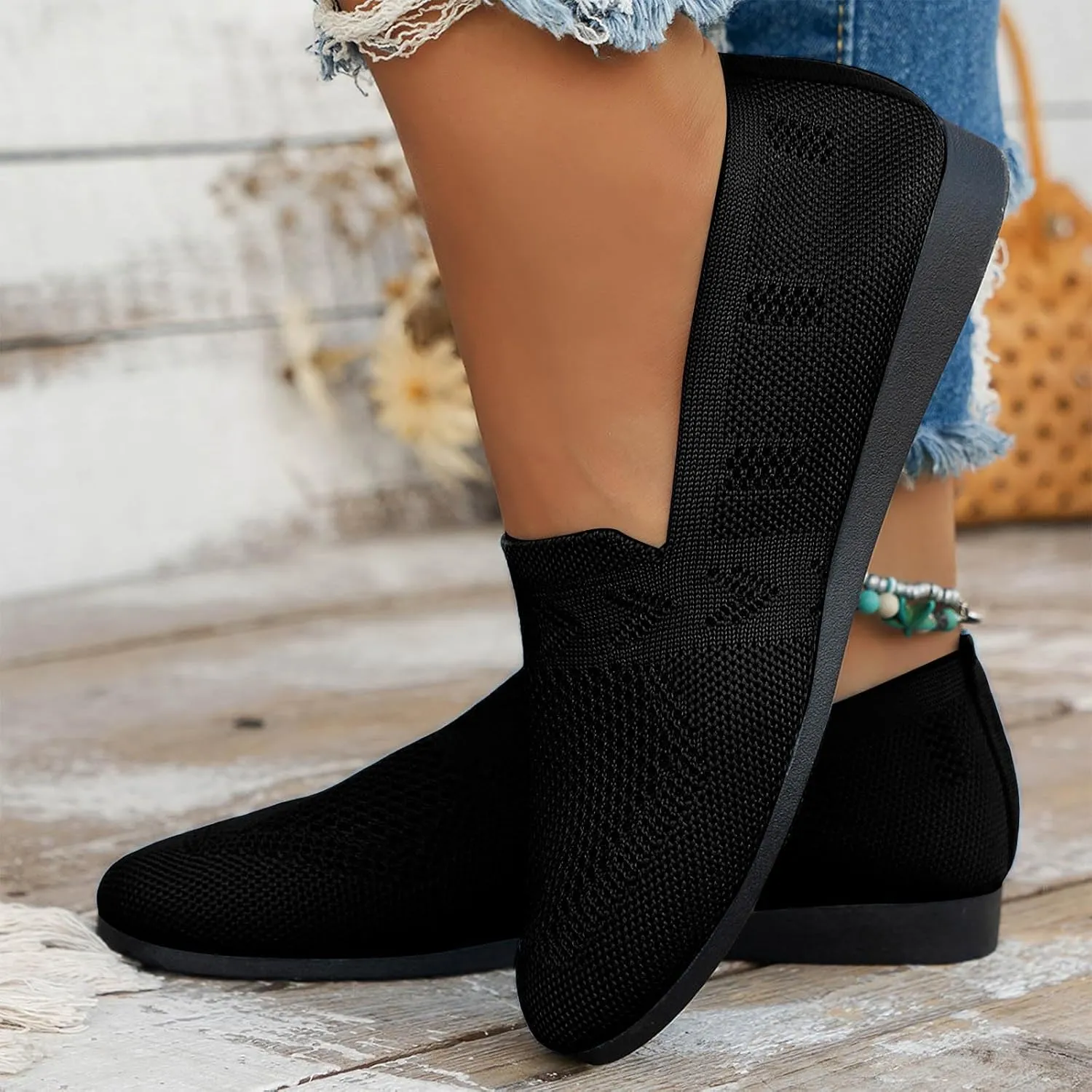 Women's Ballet Flats Soft Knit Lightweight Round Toe Slip On Comfort Ballerina Flat Shoes for Walking Low Wedge Soft