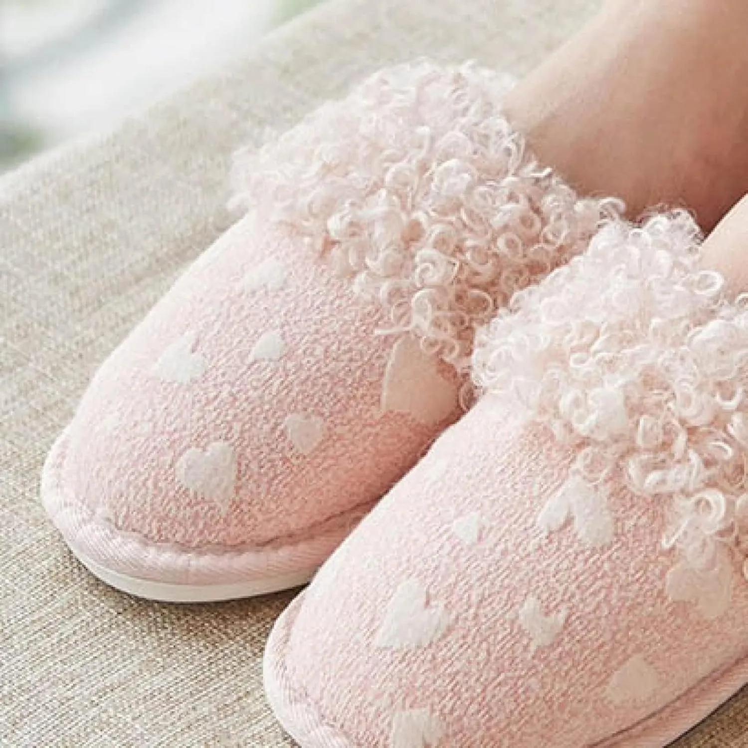 Women's Bedroom Slippers Love Pattern Plush Upper Women's Slippers Home Shoes Stripe Lined Flat Shoes Cute and Comfortable