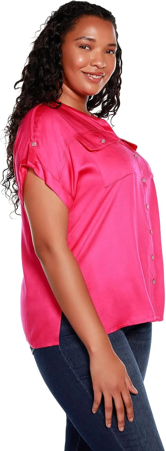 Women's Classic Silky Button Front Camp Shirt | Curvy Plus Size
